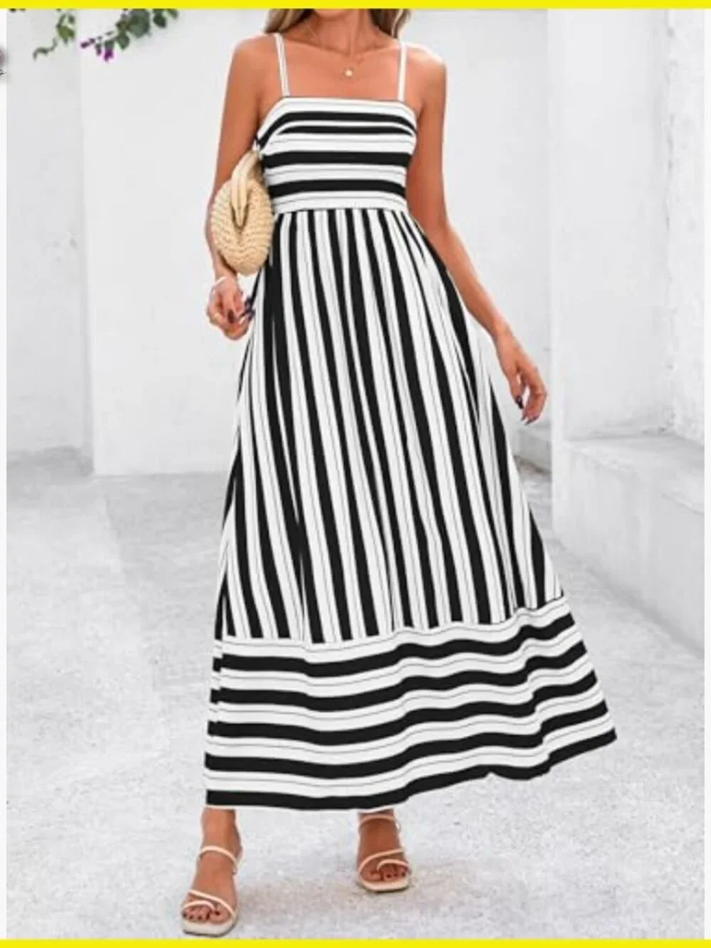 Boho Floral Striped Maxi Dress Spaghetti Strap Square Neck Flowy A-Line